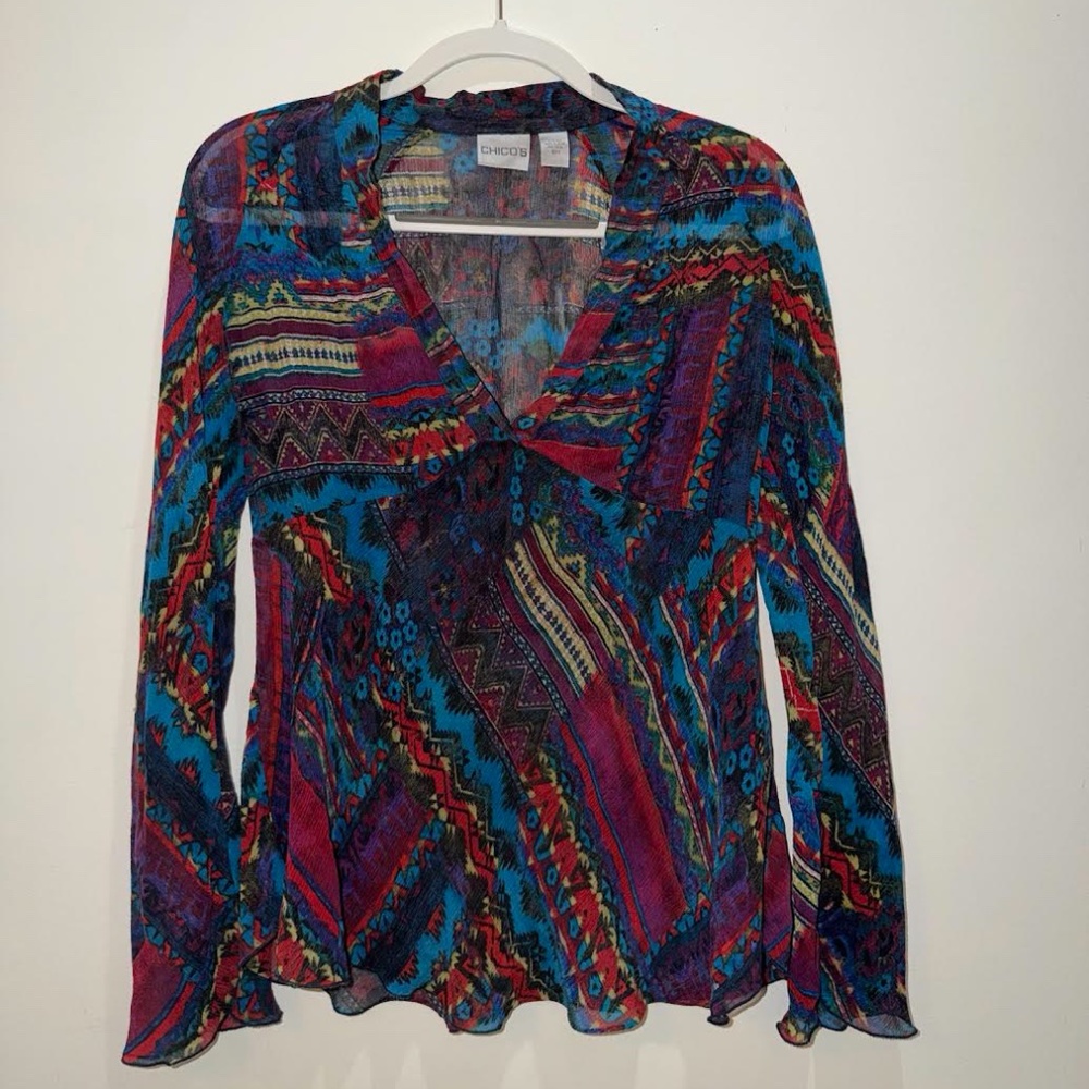 Chico’s Colorful Sheer Boho Top | Abstract Patchwork Print | Long Sleeve